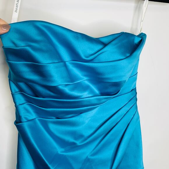 David's Bridal Turquoise Blue Satin Cocktail Dress Ruched Sz 8 - Picture 7 of 9